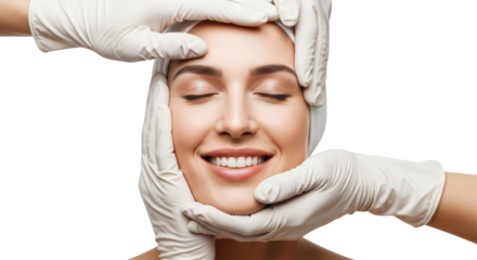 Close up of a woman's smiling face with her eyes closed held by gloved hands on black isolate Smile Beauty