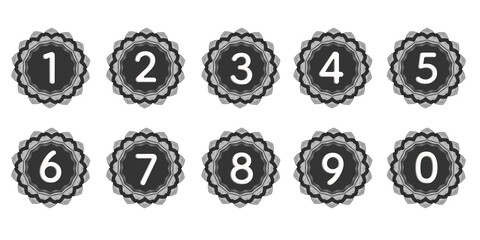 A set of elegant grayscale floral badges featuring neon-style numbers from 0 to 9, surrounded by layered petal patterns. Perfect for numbering layouts, icons, decorative elements