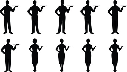 Waiter silhouette, tray holder, service staff, hospitality worker, black vector, male female pose, job icon, uniformed figure, standing person, isolated graphic