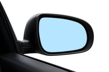 Black car side mirror showing a blank blue reflection, automotive accessory detail, isolated on transparent background