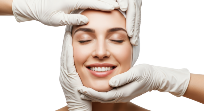 Close up of a woman's smiling face with her eyes closed held by gloved hands on black isolate Smile Beauty