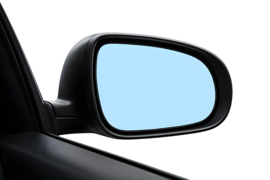 Black car side mirror showing a blank blue reflection, automotive accessory detail, isolated on transparent background