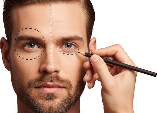 Close up of a man's face being marked with dotted lines and a pencil for cosmetic procedures isolate