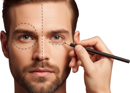 Close up of a man's face being marked with dotted lines and a pencil for cosmetic procedures isolate