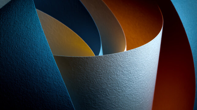 A close-up of white, blue, and orange paper ribbons in an abstract composition. The ribbons form geometric shapes with their curves, creating visual harmony on the canvas