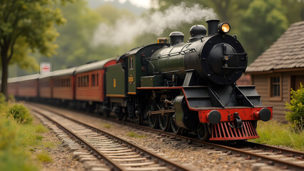 Obraz premium Historic train journeys on wooden tracks. Vintage locomotives and wooden railways. Realistic train models in history. Exploring train travel in the golden age.