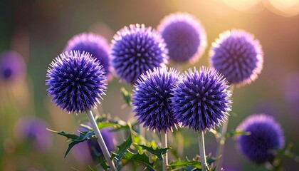 A cluster of spherical, spiky purple globe thistle flowers are in focus, bathed in warm sunlight, with a soft, blurred background of green foliage and golden bo