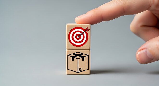 Fingers pointing at stacked wooden blocks with target and box icons symbolizing business goals and product delivery