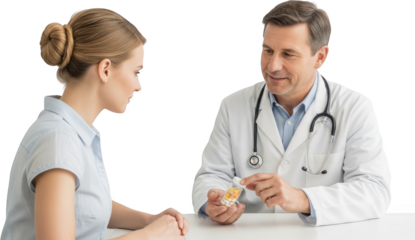 A doctor discusses prescription pills with a female patient isolate medical healthcare consultation medicine