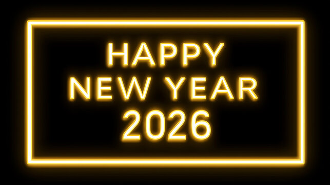 Happy New Year 2026 glowing brightly with a vibrant yellow neon sign