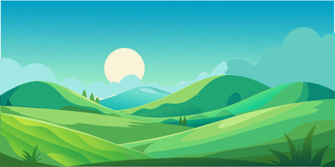 Obraz premium Lush Green Hill Panorama: A Fresh and Optimistic Flat Design Vector Illustration! Perfect for Website Headers, App Backgrounds, and Branding that Emphasizes Growth and Natural Harmony. Get it now!