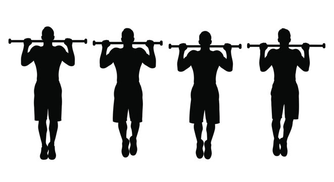 Four silhouetted figures demonstrating different stages of a pull up exercise
