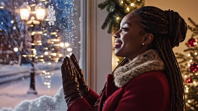 Young african american woman looking out a frosty window and blowing breath on the glass on a winter holiday night