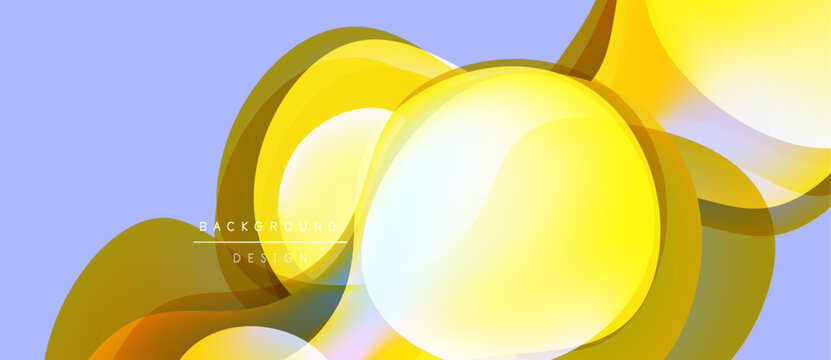 Abstract yellow shapes overlap lavender backdrop. Smooth gradients create dynamic visual effect. Modern design element for backgrounds.