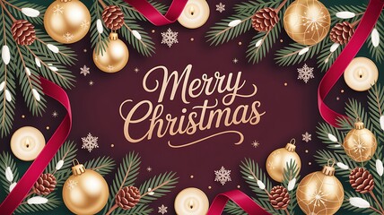 Luxurious Christmas greeting background featuring golden ornaments pine decorations illustration