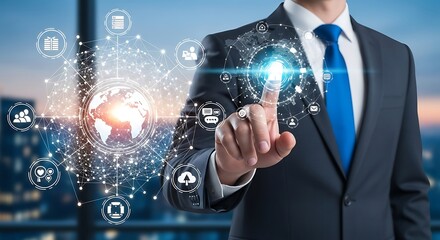 Businessman touching a global network of digital connections and icons representing business and technology