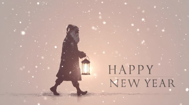 Santa Claus walking in the snow with a lantern, Happy New Year greeting