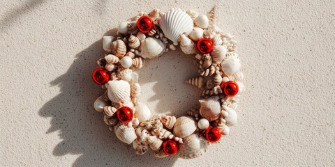 Handmade wreath of seashells and red ornaments lies on sandy beach background. A tropical twist on traditional Christmas decor for coastal holiday vibes.