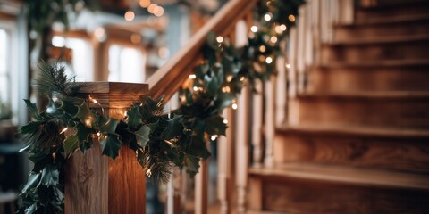 Fresh holly leaves with red berries decorate wooden staircase railing in warmly lit home interior. Traditional Christmas home adornment, cozy rustic holiday decor vibe.