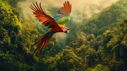 Majestic macaw soaring through a vibrant rainforest canopy