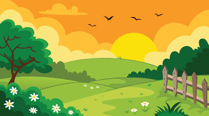 Fototapeta premium Sunset landscape with rolling hills and birds flying