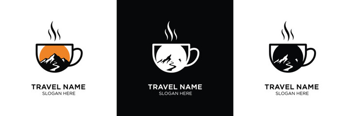 Three vintage-style travel mug logos with steam, featuring a placeholder for travel names, ideal for branding and business identity.