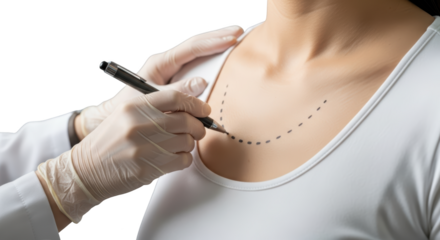 Medical professional marks chest with dotted line gloved hands holding pen isolate doctor surgery procedure
