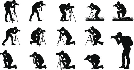 photographer, camera, silhouette, tripod, stance, crouch, kneel, terrain, backpack, outdoor, capture, motion, angle, posture, gear