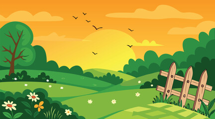 Fototapeta premium Sunset landscape with birds flying over green fields