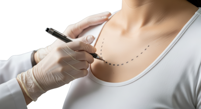 Medical professional marks chest with dotted line gloved hands holding pen isolate doctor surgery procedure