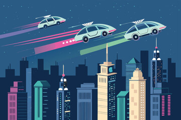 Futuristic city skyline with advanced hover taxis creating vibrant neon trails above modern rooftops, evoking a sense of speed and urban dynamism.