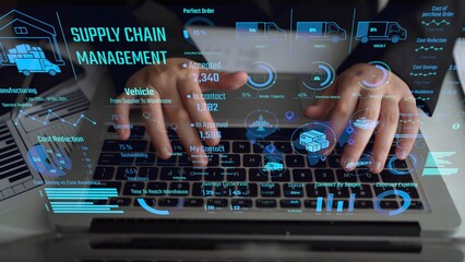 Supply chain management interface showing delivery routes, warehouse efficiency, cost savings,...