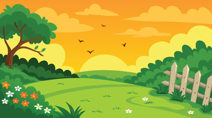 Obraz premium Pastoral landscape with sunset sky and wooden fence