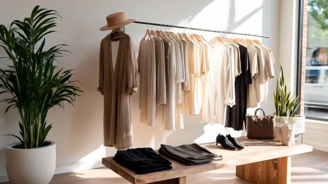 Woman in clothing boutique with natural light and indoor plant