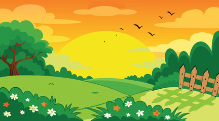 Fototapeta premium Sunny landscape with birds flying over green field