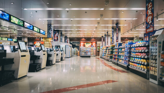 Modern convenience store with self checkout machines