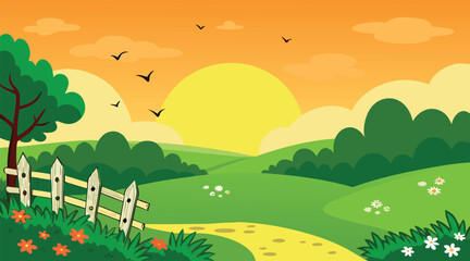 Fototapeta premium Sunset landscape with rolling hills and a wooden fence