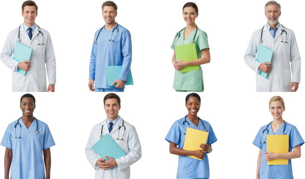 Eight smiling medical professionals including doctors and nurses diverse men and women in uniform holding folders isolate
