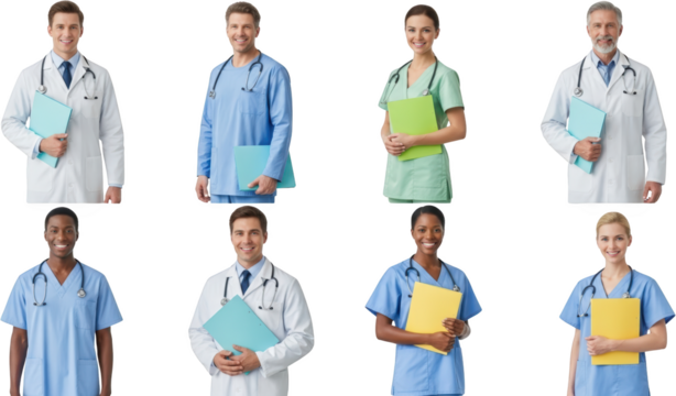 Eight smiling medical professionals including doctors and nurses diverse men and women in uniform holding folders isolate