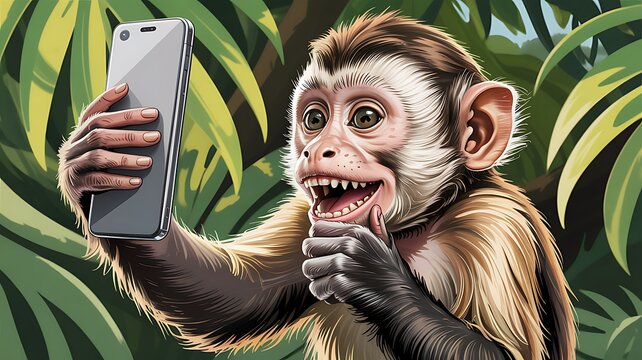 Cute monkey expression highlighted through humorous smartphone selfie artwork illustration