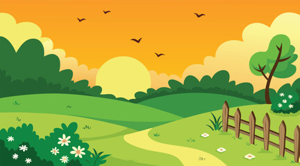 Obraz premium Rural landscape with sunset sky and a wooden fence