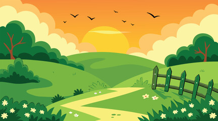 Obraz premium Rolling hills landscape with sunset and birds