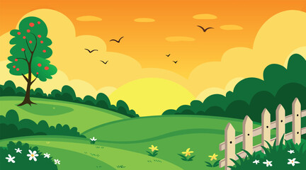 Obraz premium Sunset landscape with birds and a tree