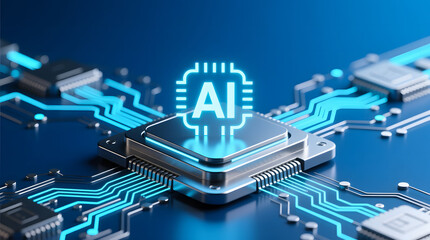 A glowing AI processor chip with cyber circuitry symbolizing advanced technology infrastructure.