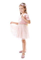 Little girl wearing beautiful dress and shoes on white background