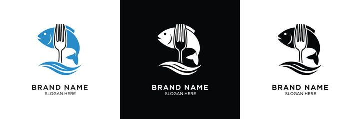 Three logos with hand-head silhouettes and 'BRAND NAME' placeholder, each in different color schemes: blue, white, and black.