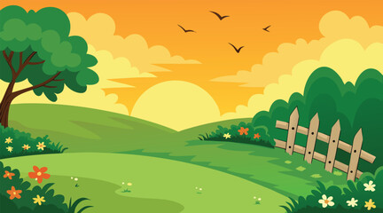 Fototapeta premium Sunny countryside landscape with birds and a wooden fence