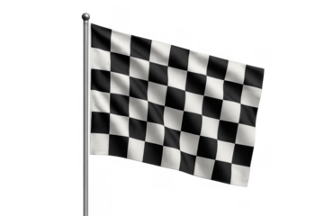 Checkered flag waving, representing motorsports, racing, victory, competition, and reaching the finish line. Transparent background