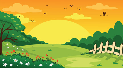 Obraz premium Sunset over grassy field with trees and birds