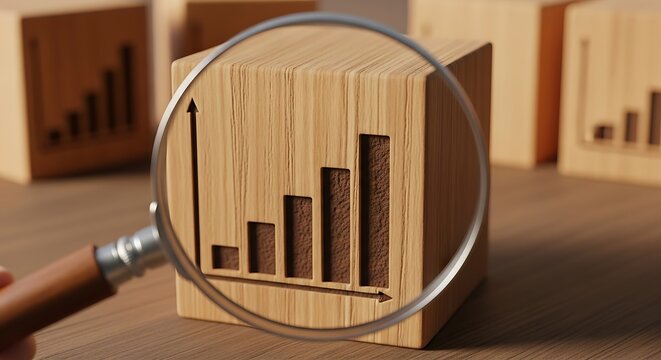 Magnifying glass over wooden cube with growth chart engraved, symbolizing business analytics and financial progress